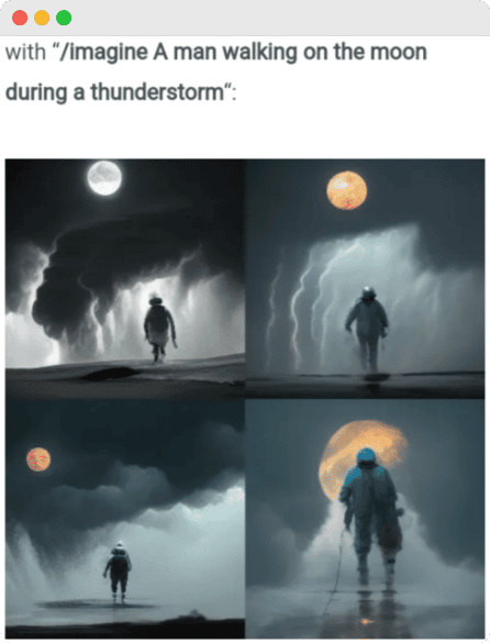 Imagine A man walking on the moon
during a thunderstorm, AI-generated image