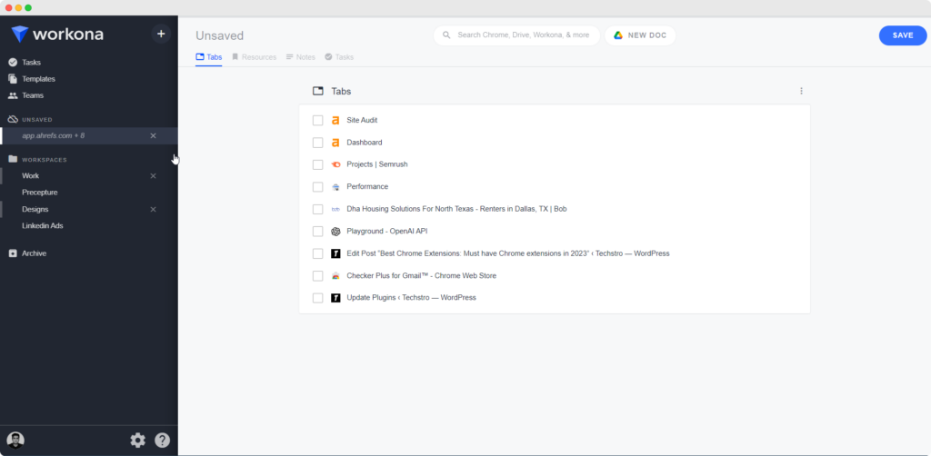 Workona Tab Manager UI Screenshot