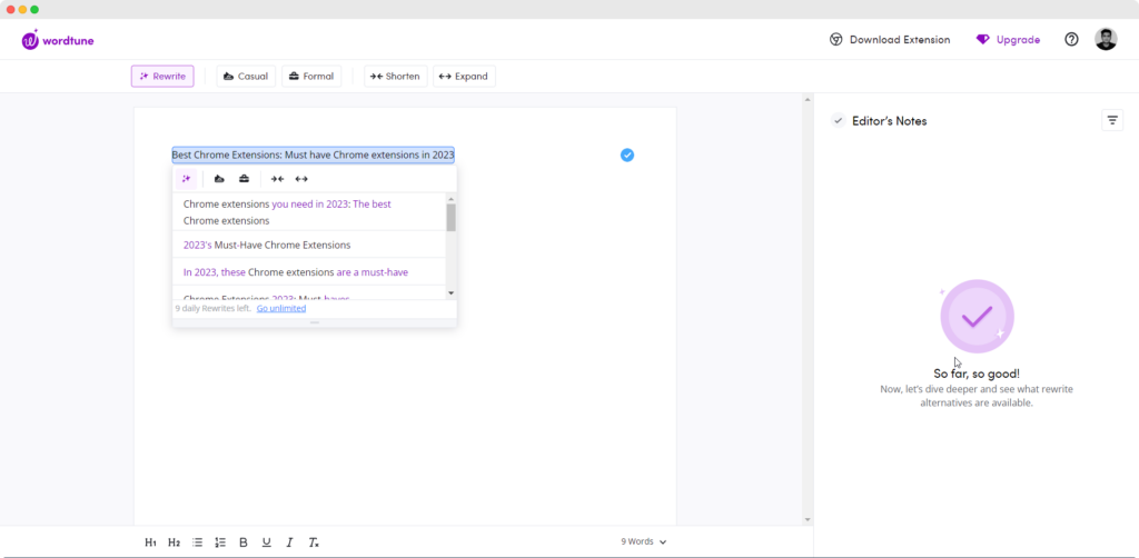Wordtune improving the text Best Chrome Extensions: Must have Chrome extensions in 2023