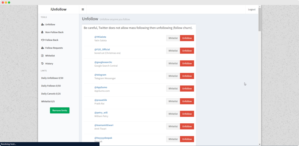 iUnfollow Dashboard with the list of non-followers of currently logged-in user