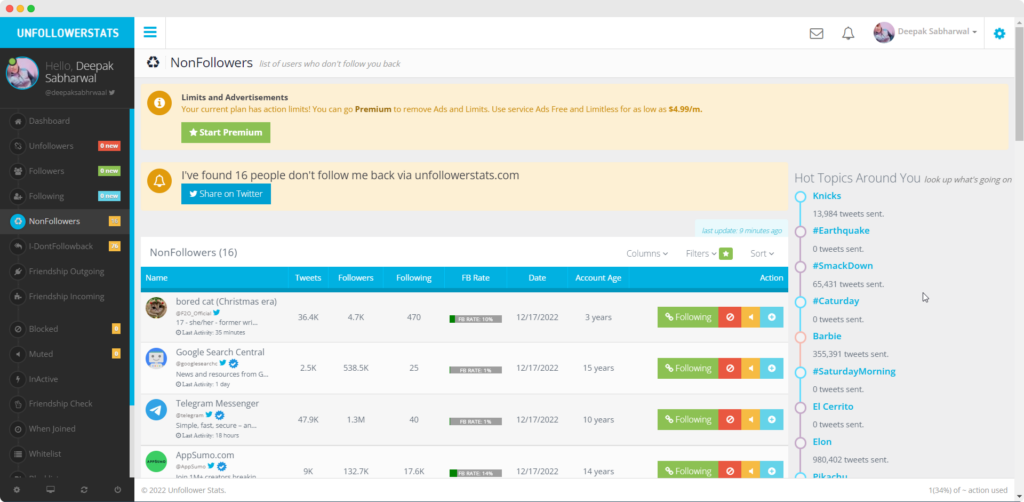 Unfollowers Stats Dashboard with the list of non-followers of currently logged-in user