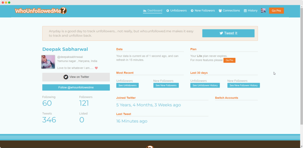 Who Unfollowed Me Dashboard with the list of non-followers of currently logged-in user