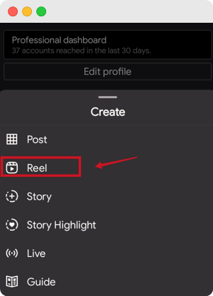 Screenshot with the arrow highlighting the reel button on the Instagram app