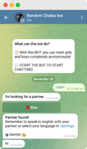 Random Chats Bot messages on Telegram