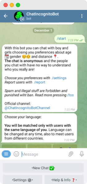 Chat Incognito Bot messages on Telegram